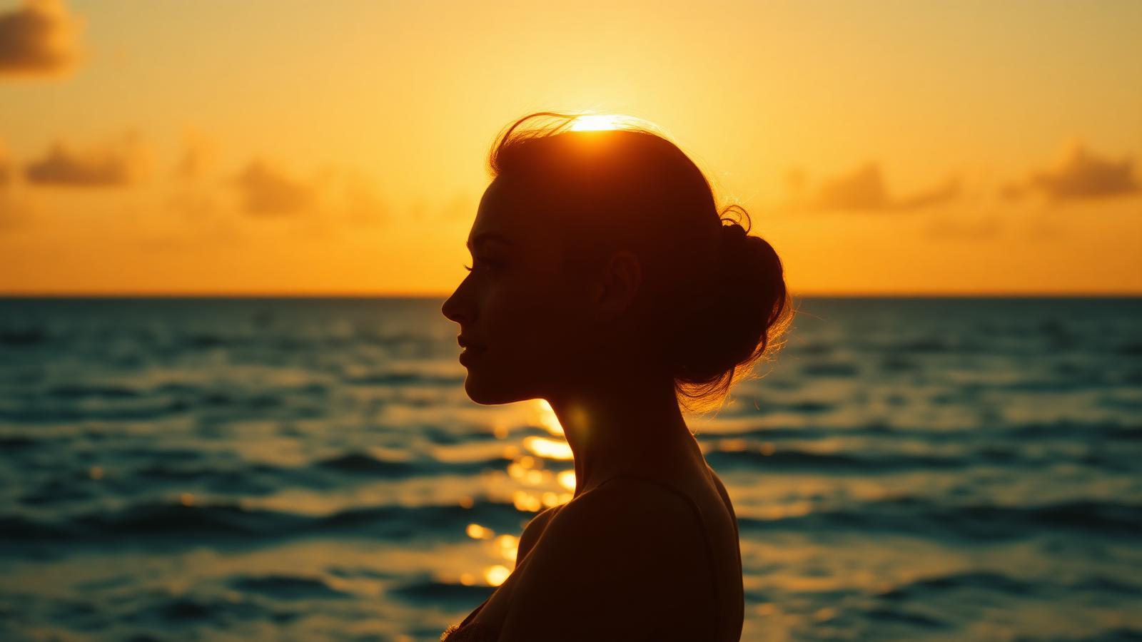 Silhouette baignée par la lumière dorée d'un coucher de soleil caribéen